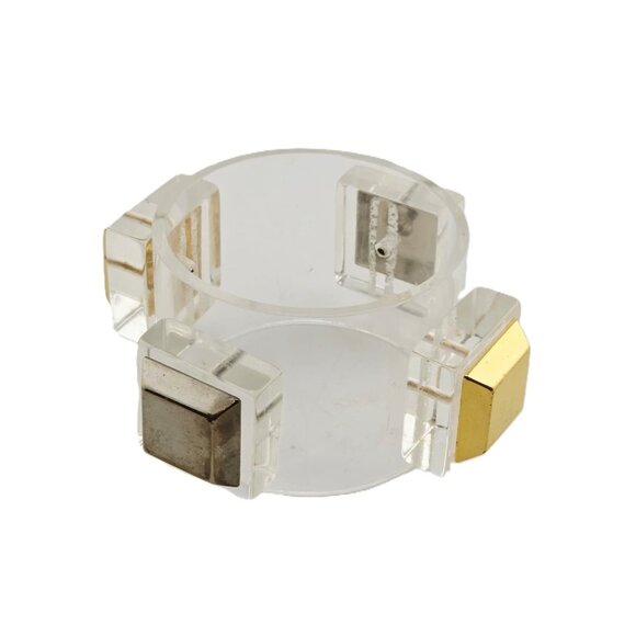 Rare Unsigned Julie Rubano Wide Lucite Cuff Bracelet With 2 Raised Metal Squares - Picture 1 of 7